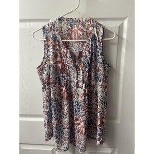 Danielrainn Tank Top Womens Large V Neck Pleated Floral Red Blue White